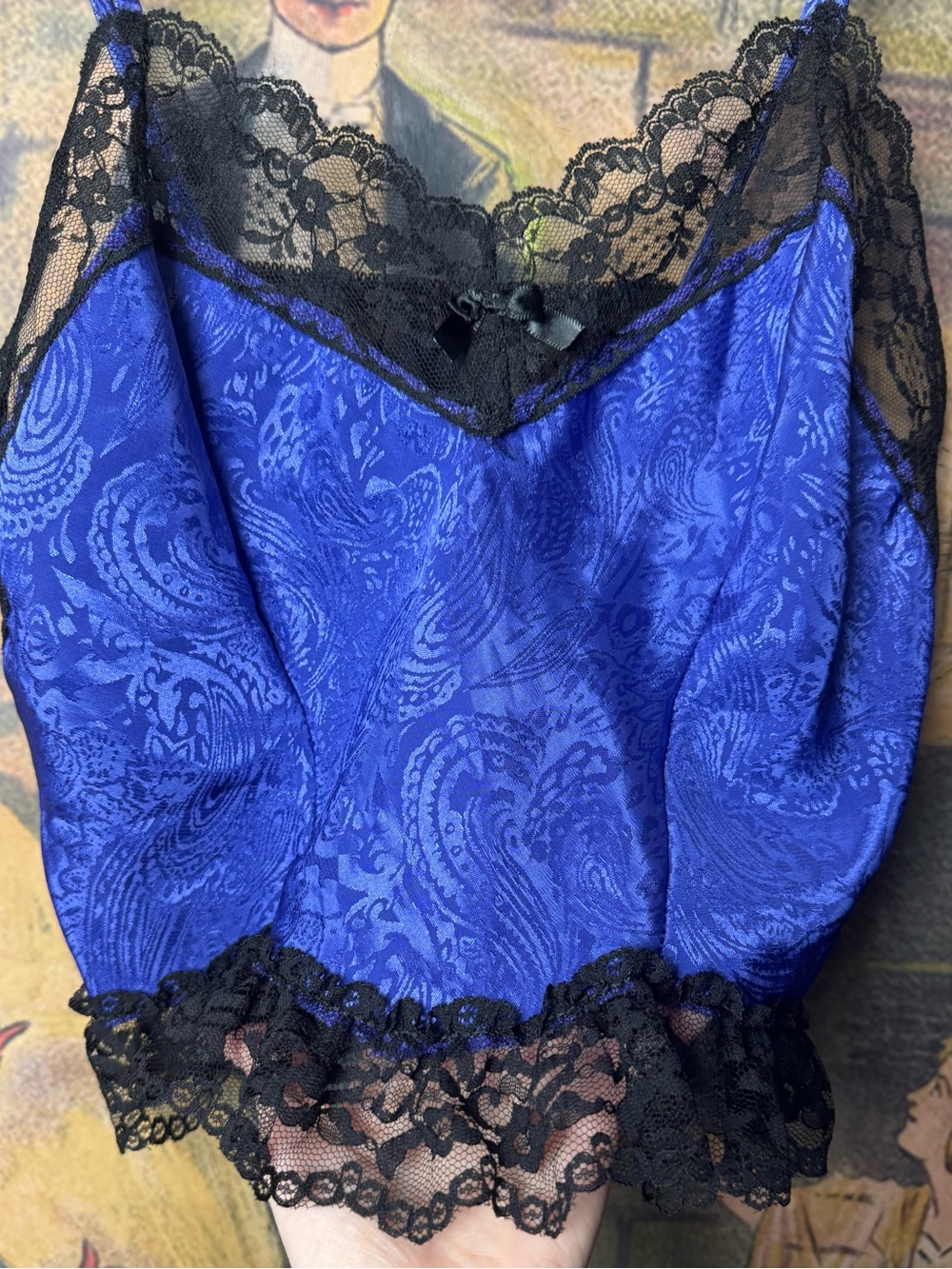 Vintage Kasara Blue/Purple Satin Black Floral Ruffled Lace Trim Cami Top